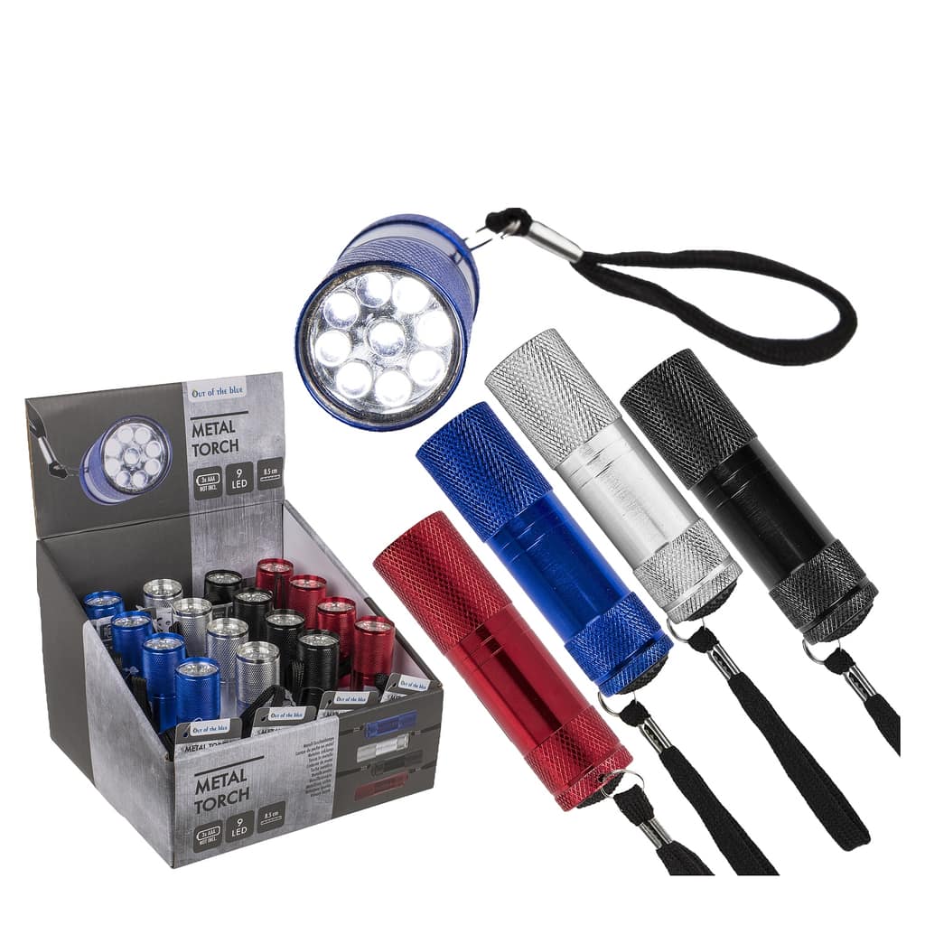 Φακός Με 9 LED Μπαταρίας Μέταλλο 8.5cm Σε 4 Χρώματα