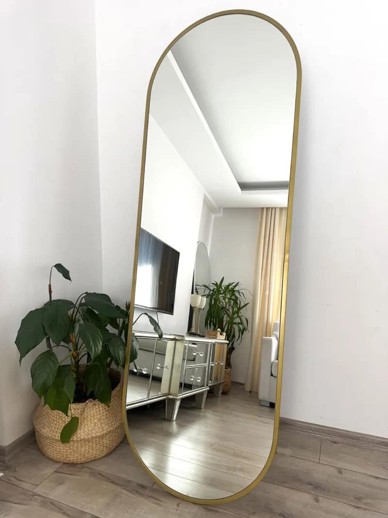 Καθρέφτης Δαπέδου Μεταλλικός Οβάλ με Βάση για Σπίτι χρυσό χρώμα 180x60 cm