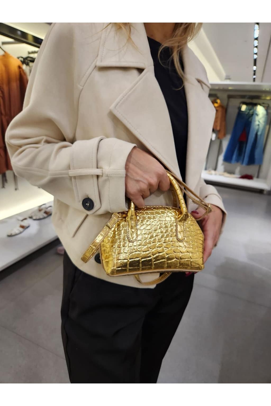 Γυναικεία τσάντα ώμου και χεριού με φερμουάρ μικρού μεγέθους από συνθετικό δέρμα με σχέδιο κροκό