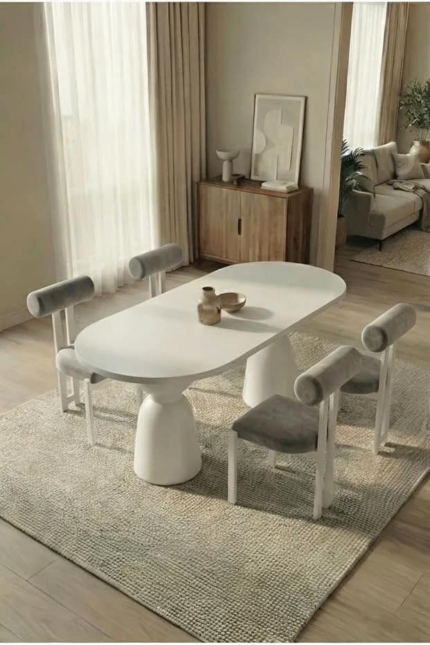 Σετ τραπεζαρίας Boho 4 ατόμων με λευκό τραπέζι και γλυπτική μεταλλική βάση γκρι 80x140 cm