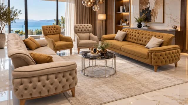 Εντυπωσιακό Σετ Σαλονιού 3+3+1+1 σε Καφέ Απόχρωση με Καπιτονέ Σχέδιο 180x85x45 cm