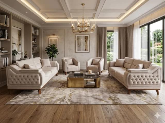 Σετ Σαλονιού 3+3+1+1 Μπεζ / Εκρούμε Καπιτονέ Λεπτομέρειες 180x85x45 cm