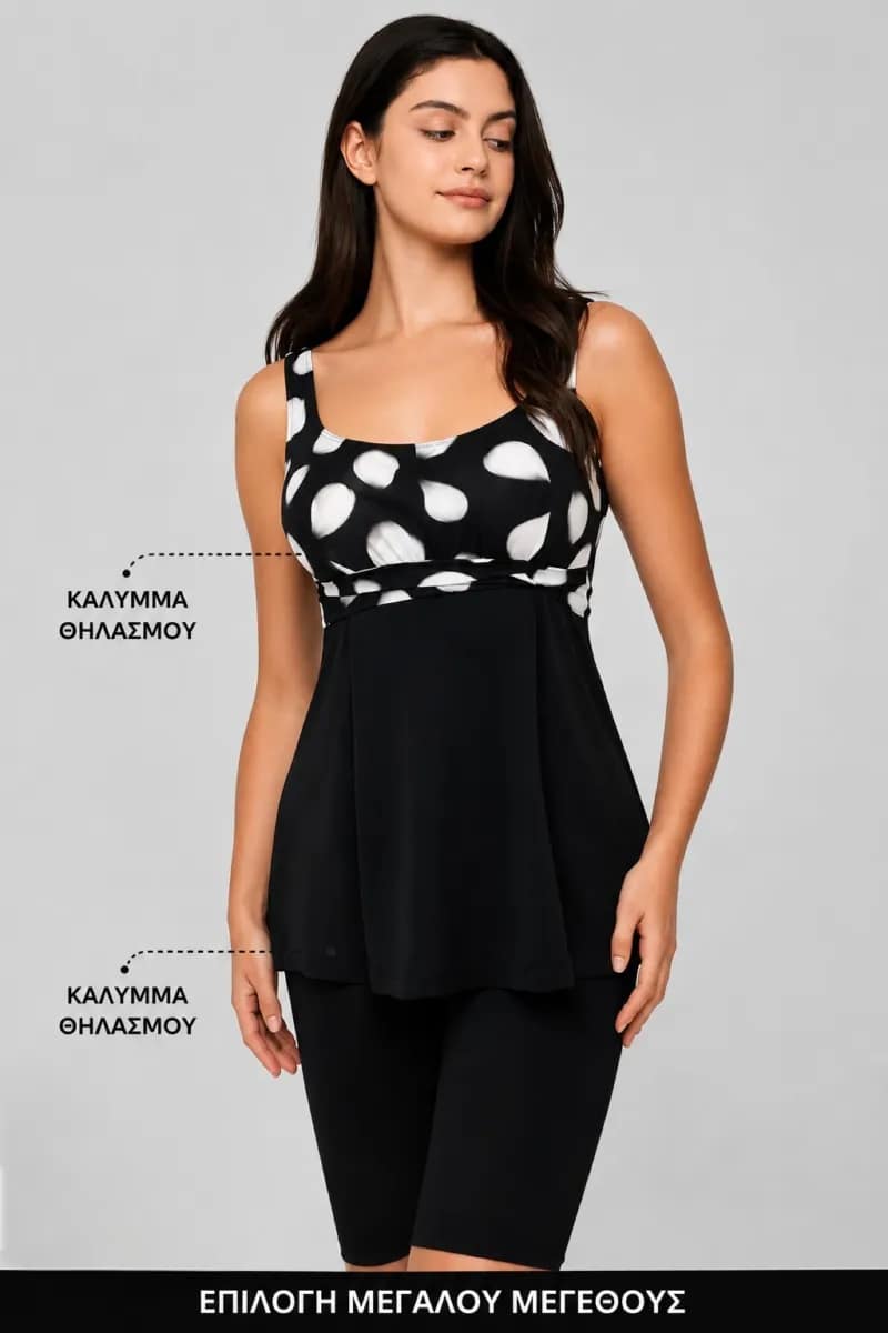 Γυναικείο μαγιό ταϊτκίνι με σταθερές τιράντες επενδυμένο με ελαφριά στήριξη χωρίς μπανέλα με σταθερό κάλυμμα με πουά μοτ (44)