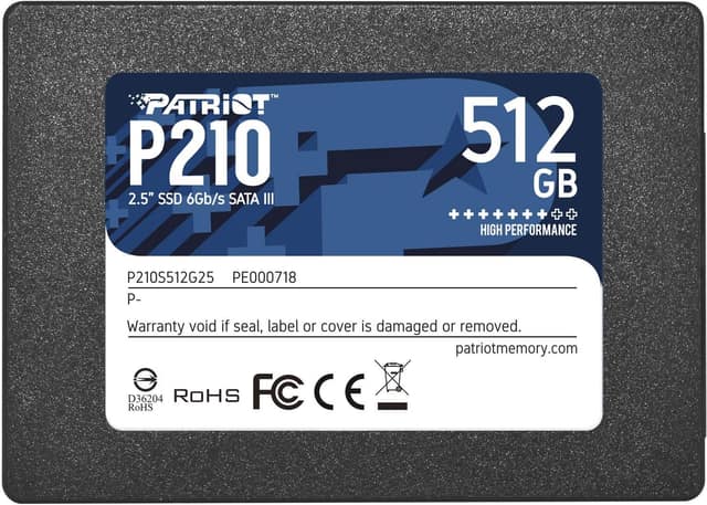 SSD PATRIOT P210, 512 GB, Serial ATA III, Ταχύτητα εγγραφής 400 MB/s, Ταχύτητα ανάγνωσης 500 MB/s, Κρεμαστό κουτί, 2.5" (P210S512G25)