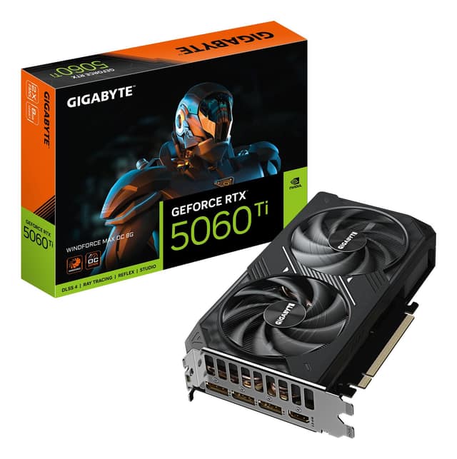 Graphics Card GIGABYTE NVIDIA, GeForce RTX 5060 Ti, 2587 MHz, 8 GB, GDDR7, 128 bit, PCI Express 5.0, Active (GV-N506TWF2MAXOC-8GD)