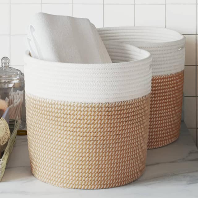 VidaXL Καλάθια Αποθήκευσης 2 Τεμ. Καφέ/Λευκό Ø28 x 28 εκ. Βαμβακερά