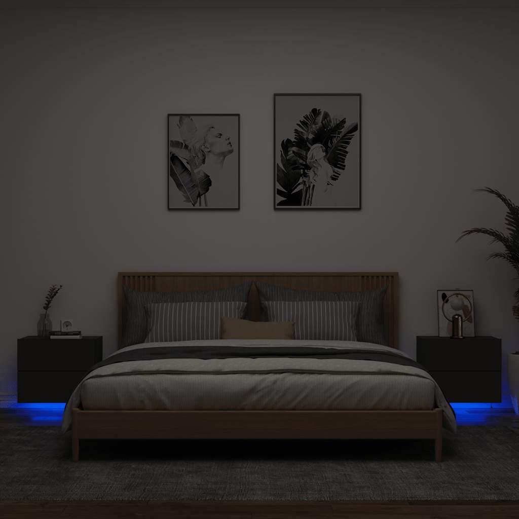 VidaXL Κομοδίνα Επιτοίχια με Φώτα LED 2 τεμ. Μαύρα