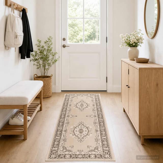 VidaXL Δερμάτινο Χαλί FLORNES Υφαντό Εκρού σχέδιο 67 x 400 cm PP 7 mm