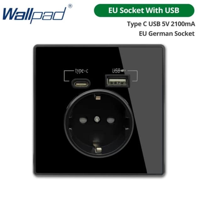 WALLPAD Μονή Χωνευτή Πρίζα Ρεύματος με 2 Θύρες USB