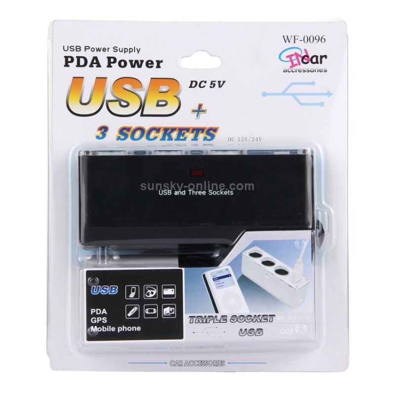 WF-0096 Triple Socket 12V/24V Car Cigarette Lighter USB Power(Black) 