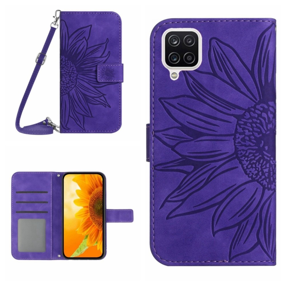 For Samsung Galaxy A12 4G/A12 5G/M12/F12 Skin Feel Sun Flower Pattern Flip Leather Phone Case with Lanyard(Dark Purple)