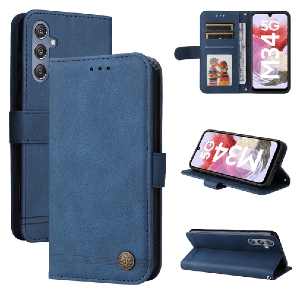 For Samsung Galaxy M34 5G Skin Feel Life Tree Metal Button Leather Phone Case(Blue)