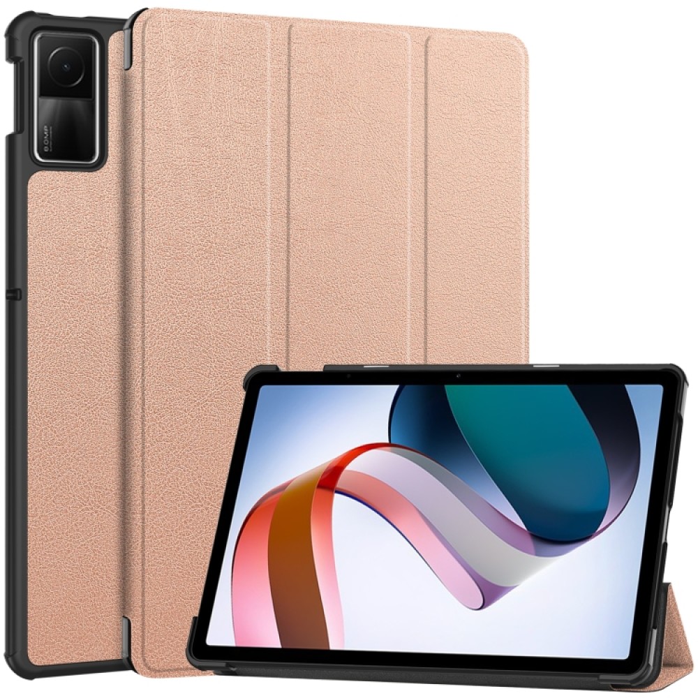 For Xiaomi Redmi Pad SE Custer Pure Color 3-Fold Holder Leather Tablet Case(Rose Gold)