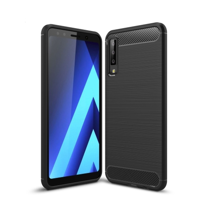 For Galaxy A7 (2018) / A750 Brushed Carbon Fiber Texture TPU Shockproof Anti-slip Soft Protective Back Cover Case(Black)