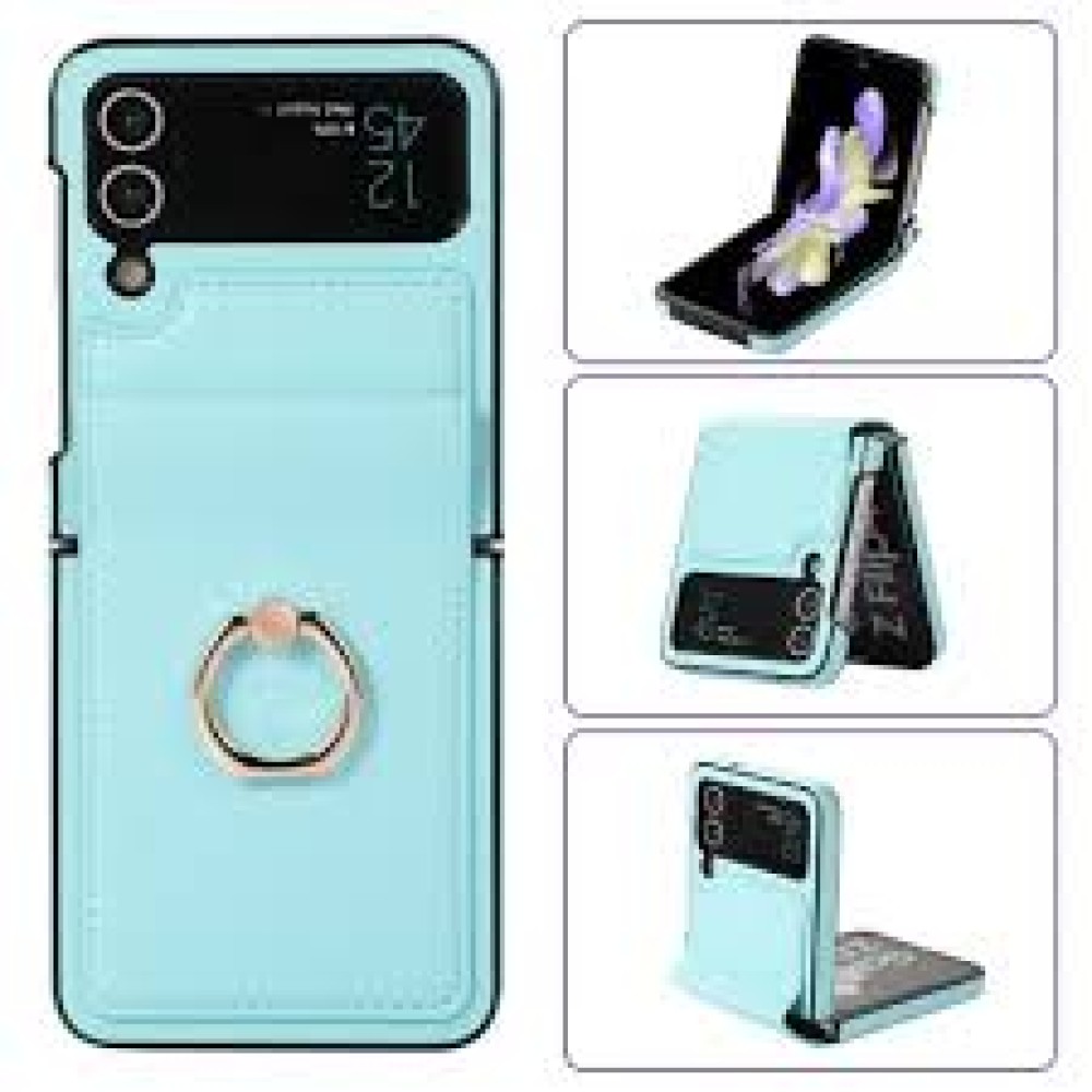 For Samsung Galaxy Z Flip3 Full Coverage Fold Solid Color PU Phone Case with Ring(Blue)