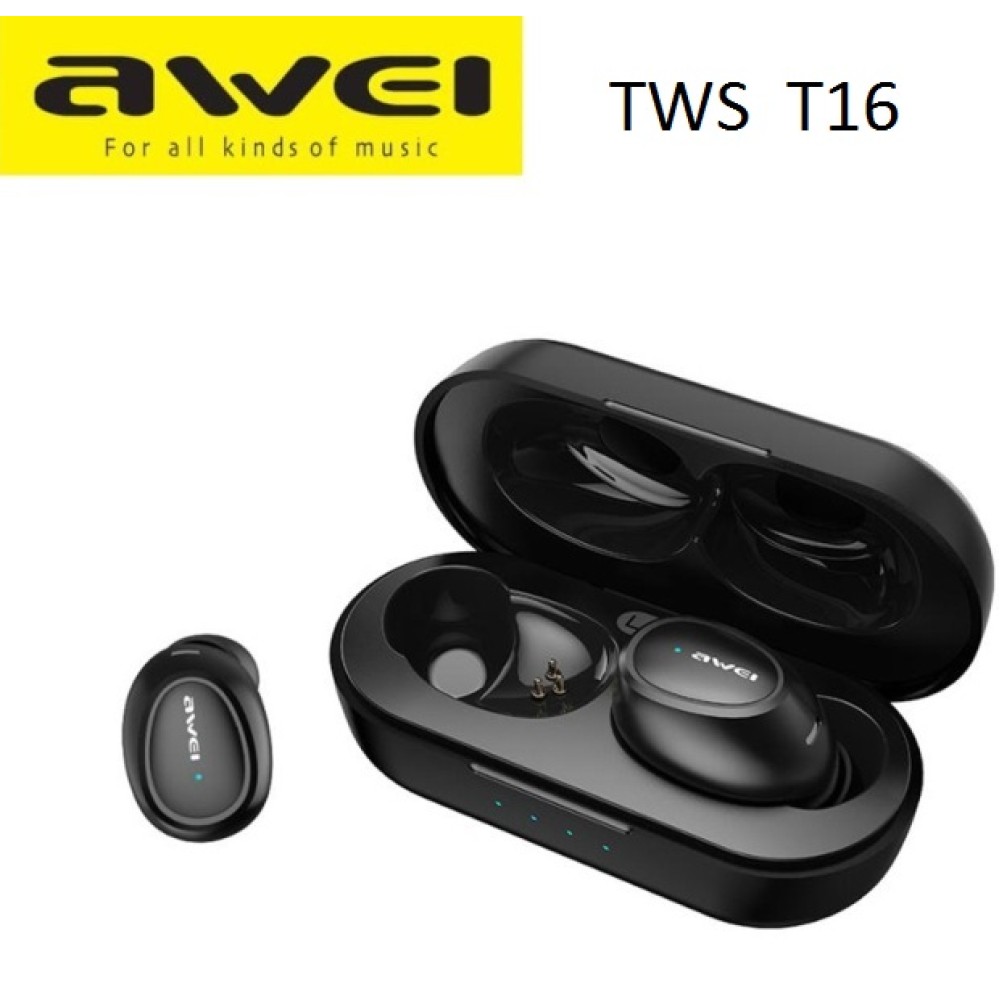Επαναφορτιζόμενα, ασύρματα ακουστικά σπορ σε θήκη φόρτισης Bluetooth TWS T16 AWEI