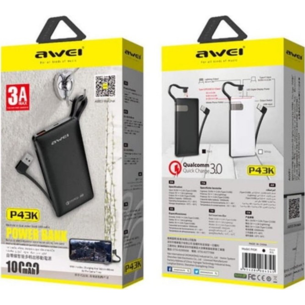 Φορητή εξωτερική μπαταρία Power bank 10000 mAh AWEI P43K AWEI