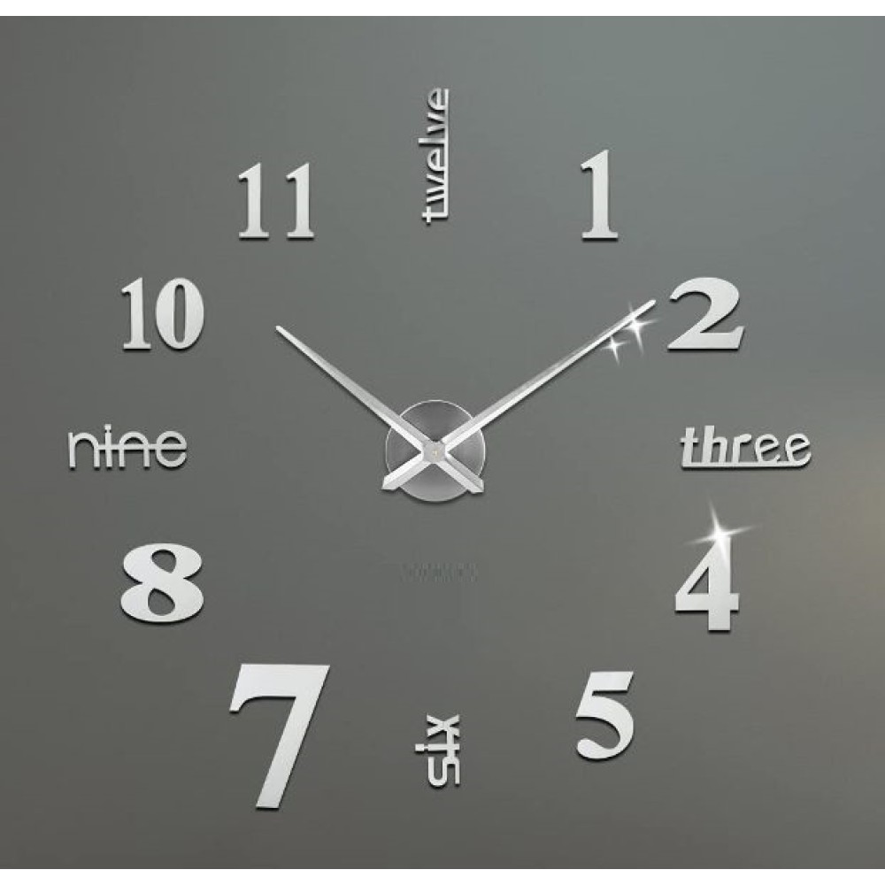 Ρολόι τοίχου με αυτοκόλλητα ψηφία 3D Ασημί 80x80cm Z015