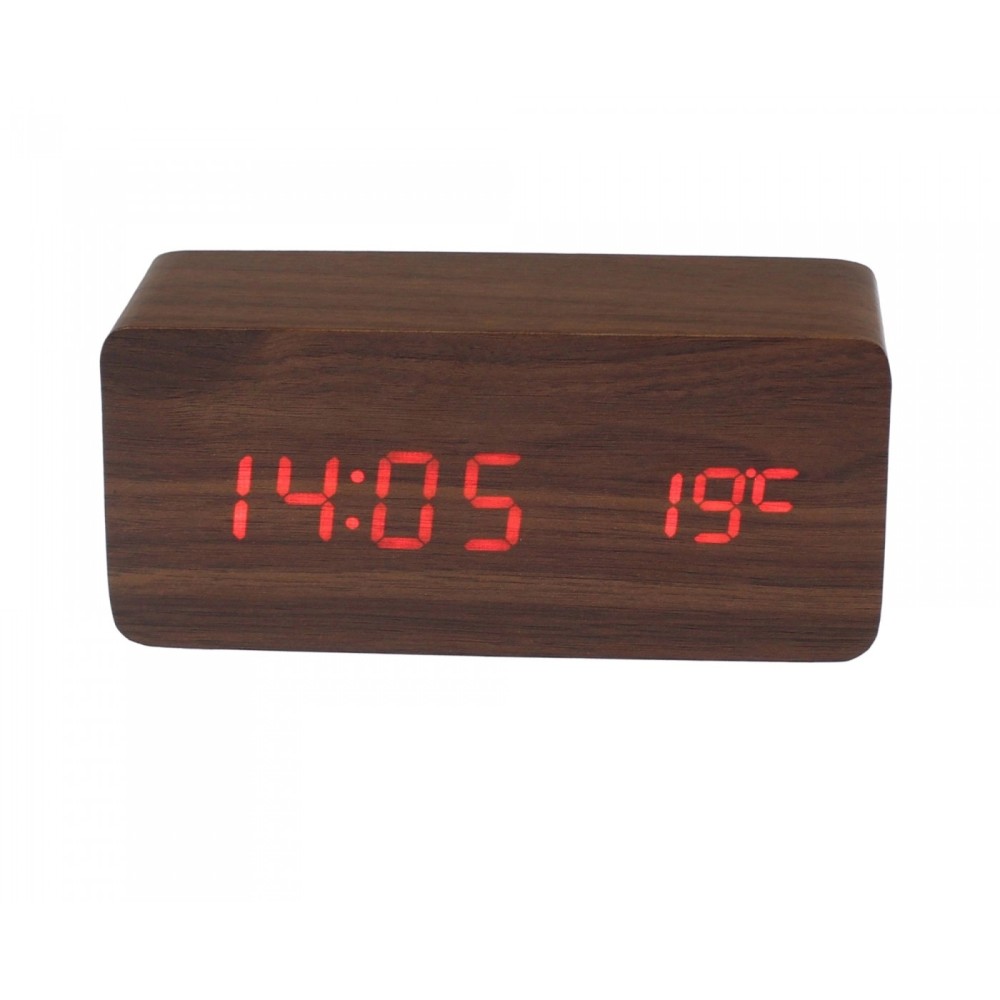 Μεγάλο ξύλινο ορθογώνιο επιτραπέζιο ρολόι σκούρο καφέ με κόκκινα ψηφία
