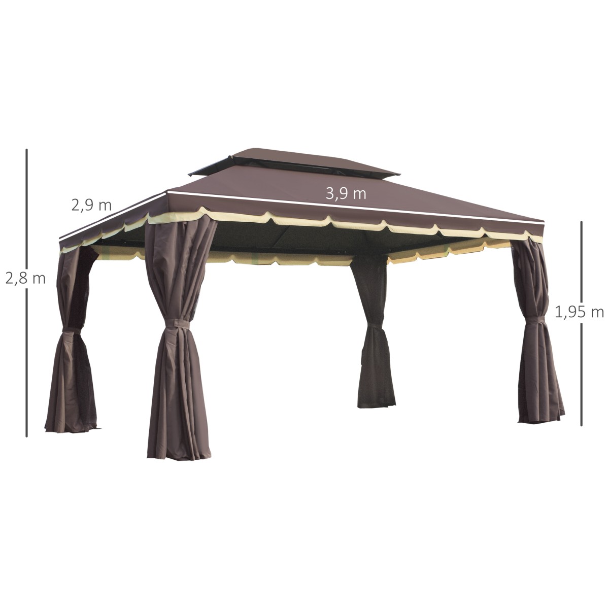 Περίπτερο κήπου 390 x 290 x 280 cm σκηνή κήπου μαρκή σκηνή πάρτι με 4 x πλαϊνά πάνελ κουνουπιέρα αδιάβροχη αλουμίνιο καφέ πολυεστέρα + μαύρο