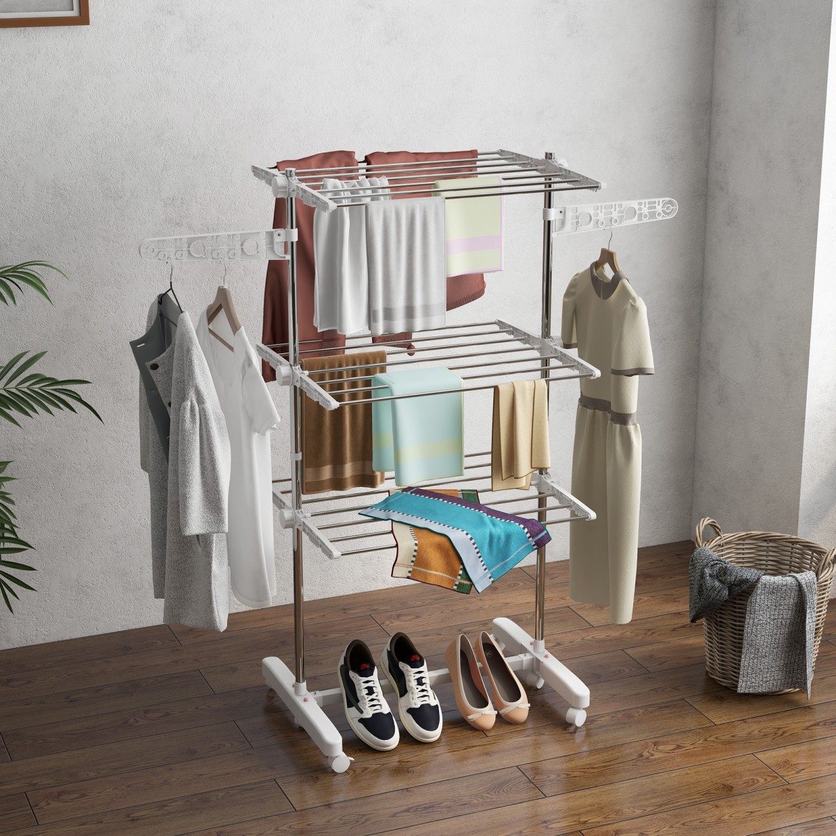 Mobile Clothes Airer Tumble Dryer 3 επιπέδων Αναδιπλούμενο Ασημί + Λευκό