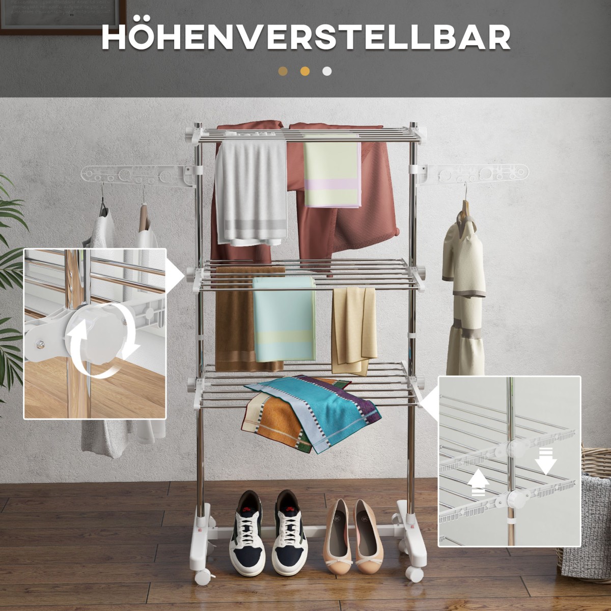 Mobile Clothes Airer Tumble Dryer 3 επιπέδων Αναδιπλούμενο Ασημί + Λευκό