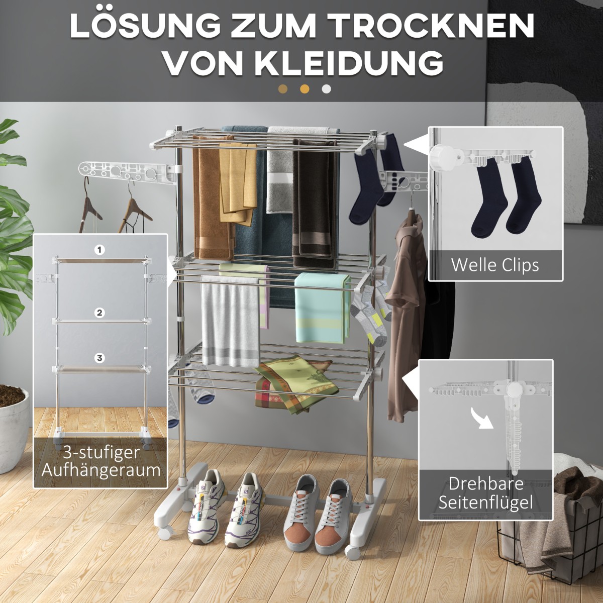 Mobile Clothes Airer Tumble Dryer 3 επιπέδων Αναδιπλούμενο Ασημί + Λευκό