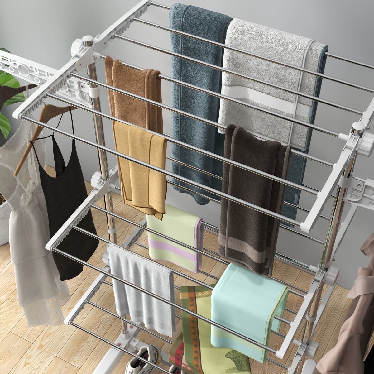 Mobile Clothes Airer Tumble Dryer 3 επιπέδων Αναδιπλούμενο Ασημί + Λευκό