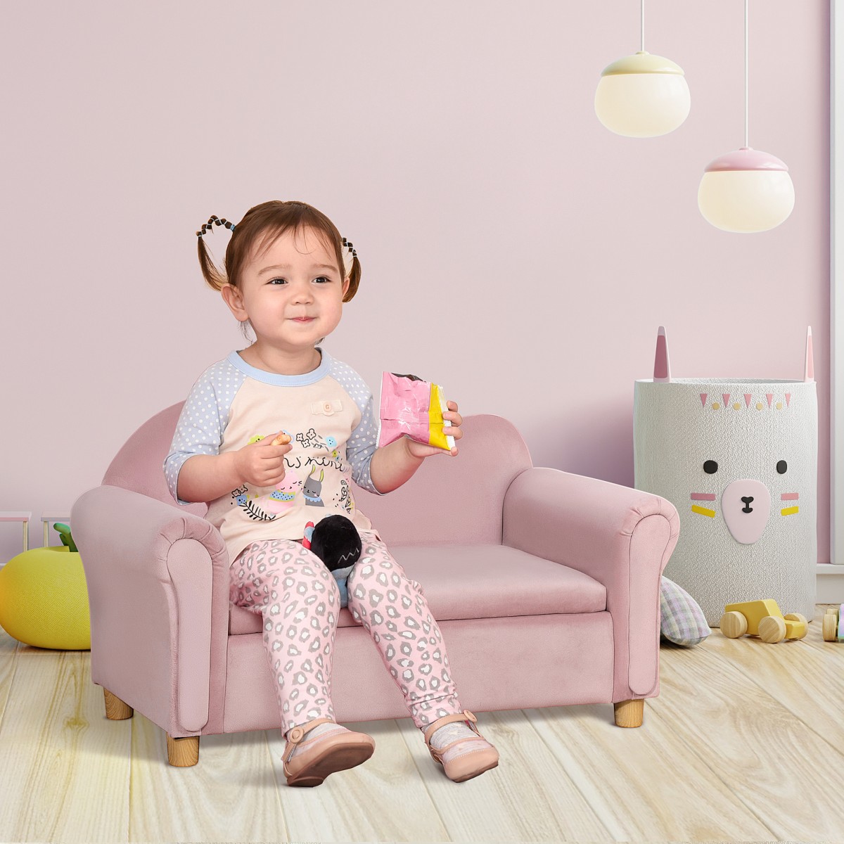 Παιδικός καναπές, διθέσιος για παιδιά 3-5 ετών, αποθηκευτικός χώρος, σκελετός από φυσικό ξύλο, 84 x 41,5 x 48,5 εκ., ροζ
