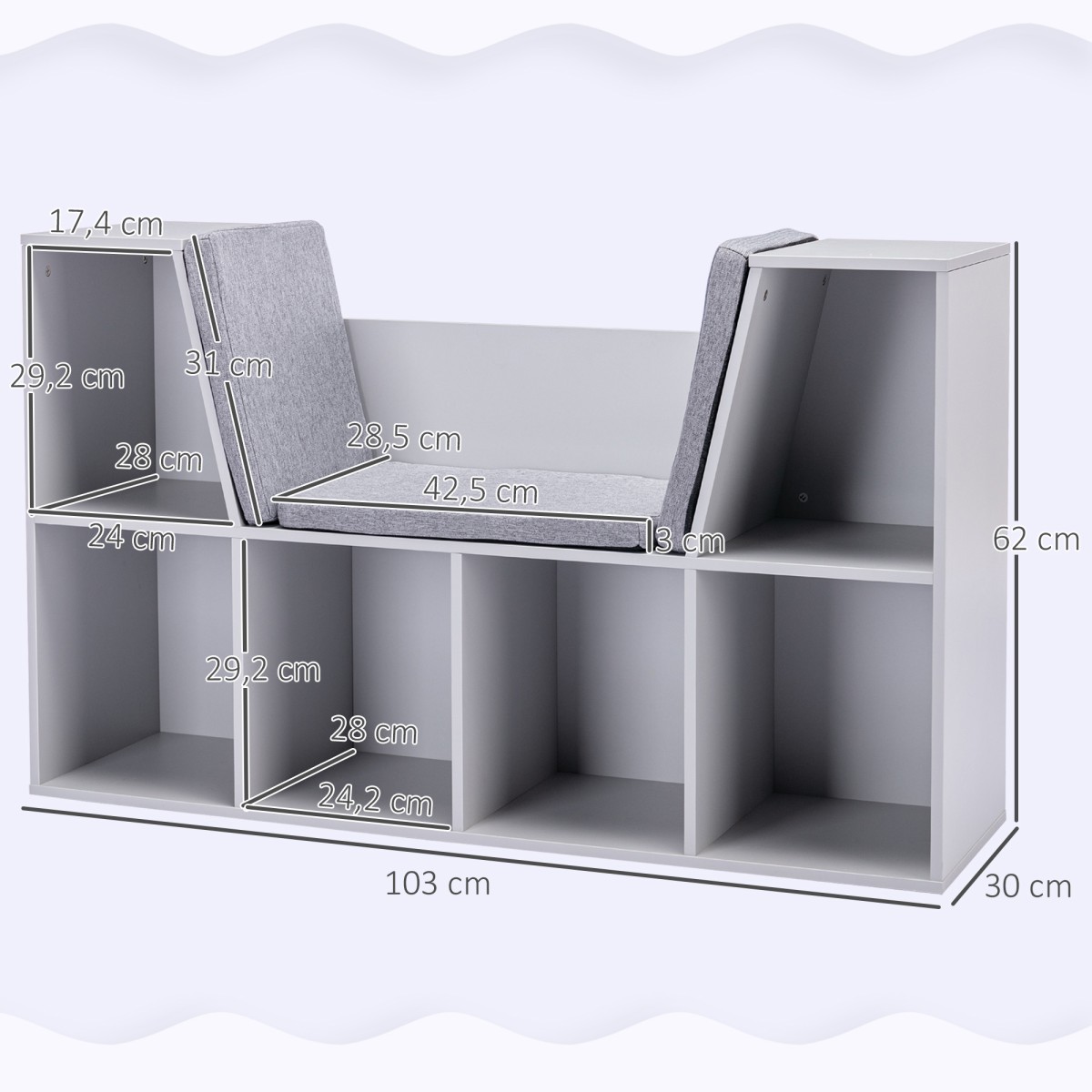 Παιδικό ράφι 2 σε 1 + πάγκος με μαξιλάρια 103 cm × 30 cm × 62 cm λευκό + γκρι