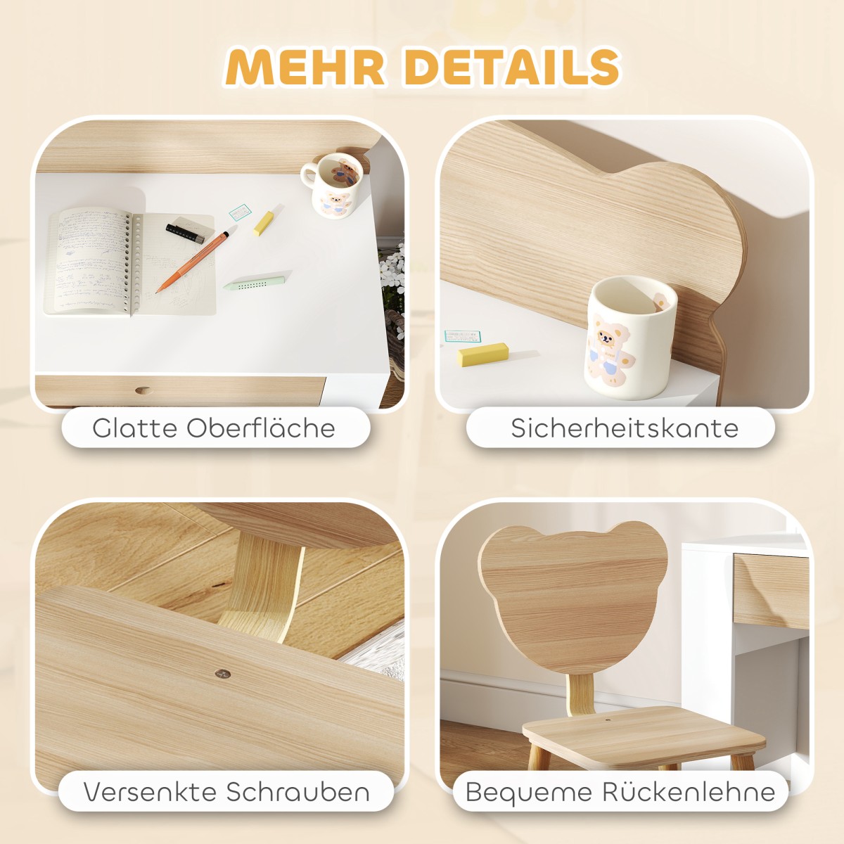 Παιδικό σετ γραφείου, τραπέζι και καρέκλα μελέτης με σχήμα αρκούδας, συρτάρι, γραφή και χειροτεχνία, 3-8 ετών, φυσικό ξύλο