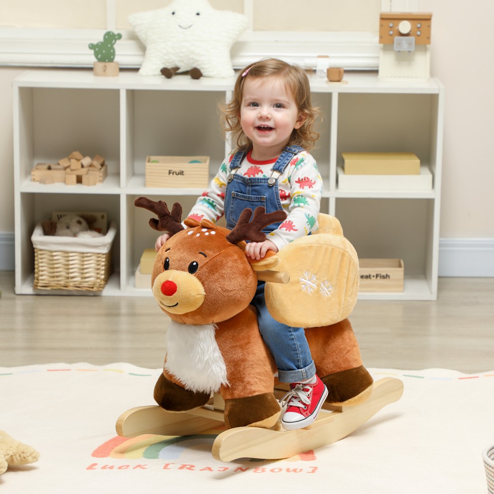 Παιδικό κουνιστό άλογο Baby Rocking Animal Reindeer with Lullabies, για 18-36 Μηνών Λούτρινο 65 x 32 x 55 εκ. Καφέ