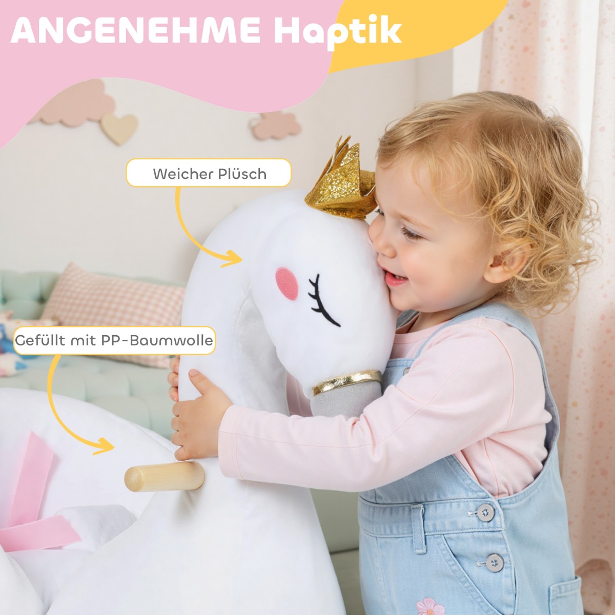 Κουνιστό ζωάκι, κούνια κύκνου με νανούρισμα, απαλή γέμιση, ξύλινη κορνίζα, για παιδιά 1,5-3 ετών, 65x40x68 cm, λευκό