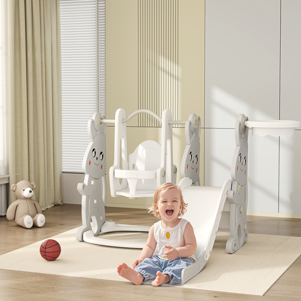 Πλαίσιο αναρρίχησης 4 σε 1 Playset Slide Slide για νήπια Στεφάνη μπάσκετ Πλαστικό σχέδιο κουνελιού γκρι