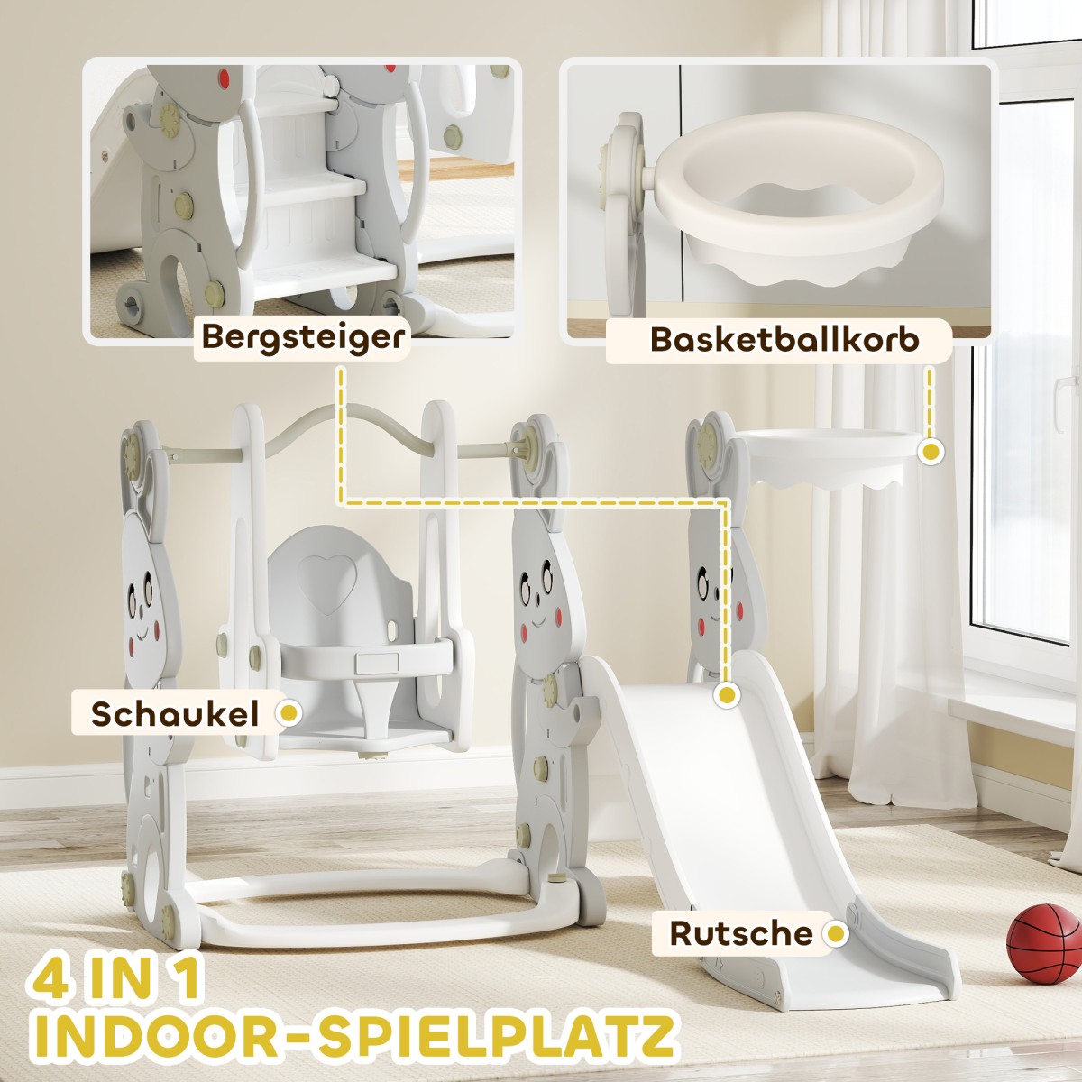 Πλαίσιο αναρρίχησης 4 σε 1 Playset Slide Slide για νήπια Στεφάνη μπάσκετ Πλαστικό σχέδιο κουνελιού γκρι