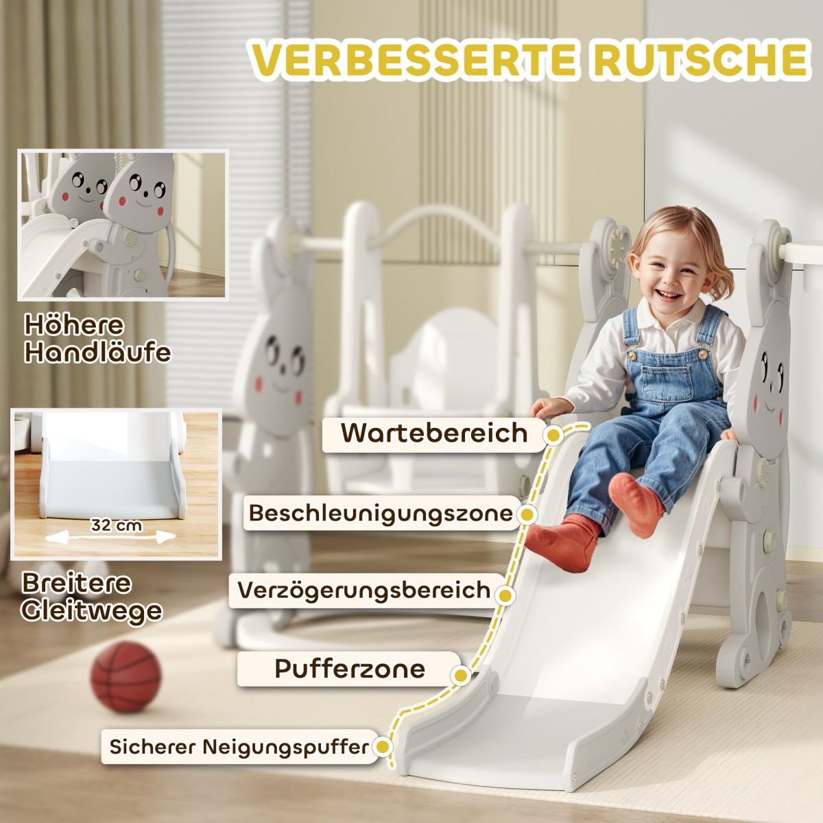 Πλαίσιο αναρρίχησης 4 σε 1 Playset Slide Slide για νήπια Στεφάνη μπάσκετ Πλαστικό σχέδιο κουνελιού γκρι