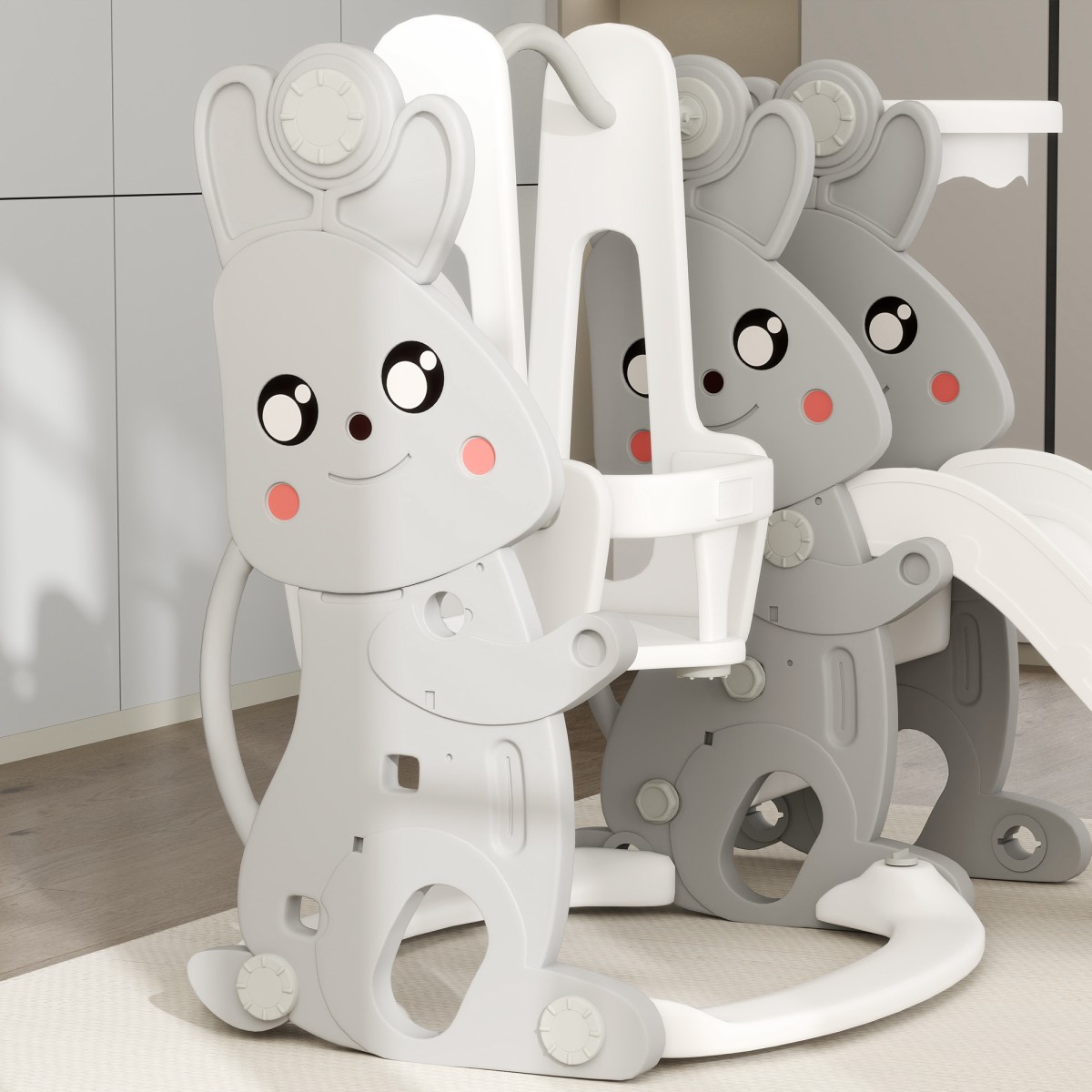 Πλαίσιο αναρρίχησης 4 σε 1 Playset Slide Slide για νήπια Στεφάνη μπάσκετ Πλαστικό σχέδιο κουνελιού γκρι