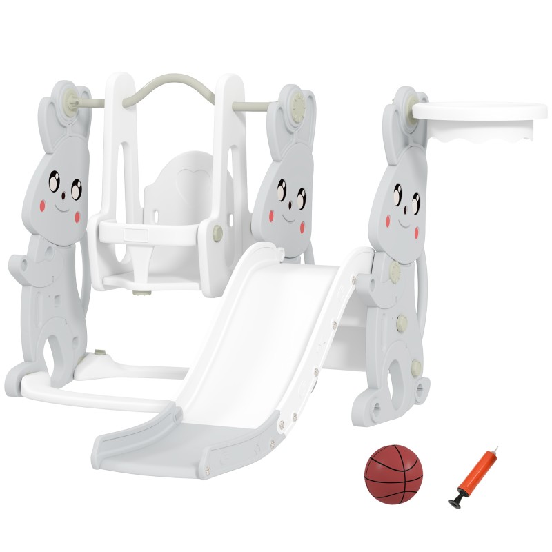 Πλαίσιο αναρρίχησης 4 σε 1 Playset Slide Slide για νήπια Στεφάνη μπάσκετ Πλαστικό σχέδιο κουνελιού γκρι