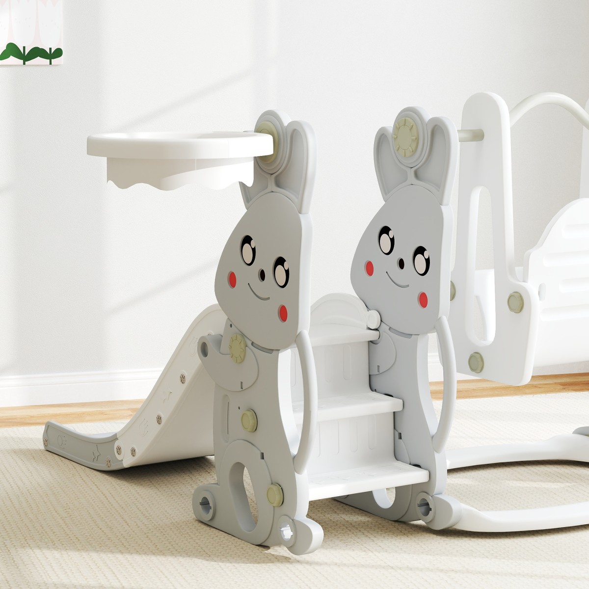 Πλαίσιο αναρρίχησης 4 σε 1 Playset Slide Slide για νήπια Στεφάνη μπάσκετ Πλαστικό σχέδιο κουνελιού γκρι