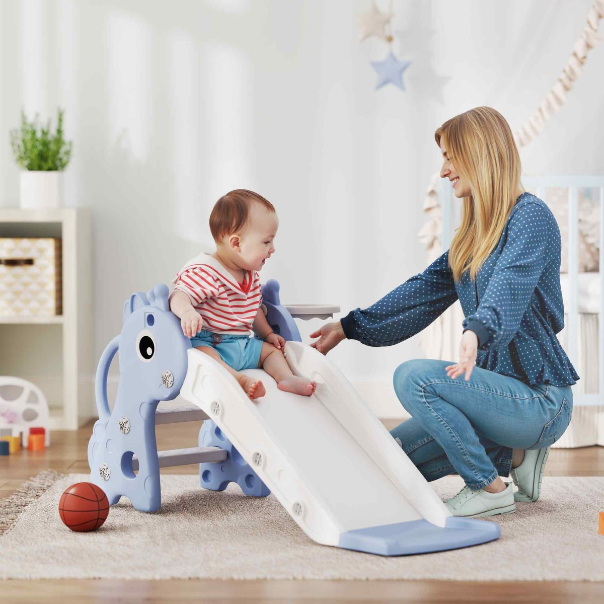 Μπλε μπάλα μπάσκετ 3 σε 1 Kids Giraffe Slide Hoop Hoop