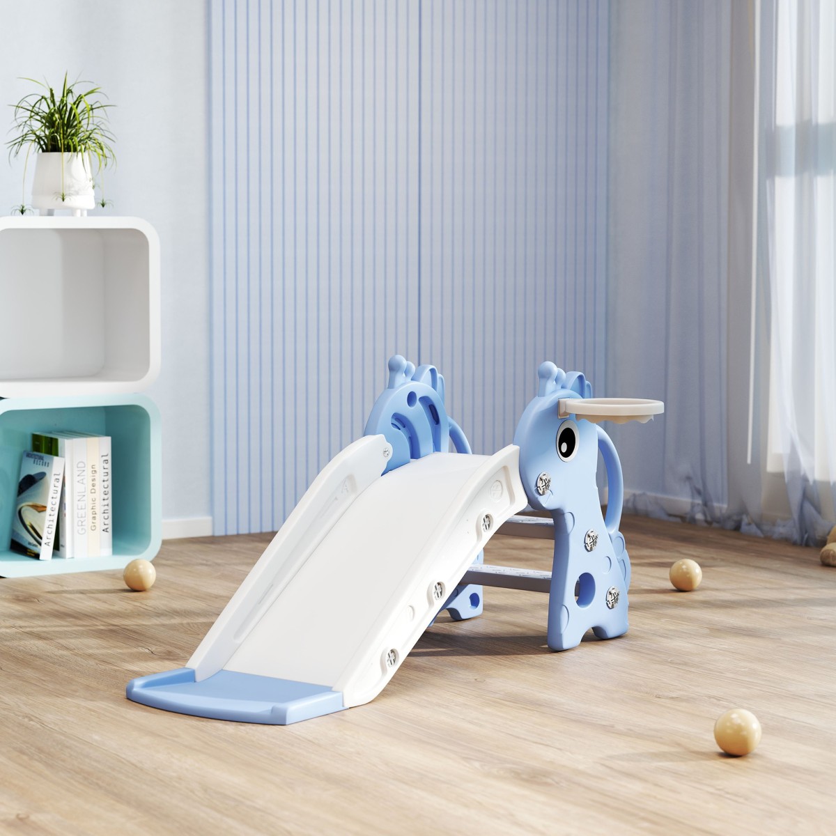 Μπλε μπάλα μπάσκετ 3 σε 1 Kids Giraffe Slide Hoop Hoop