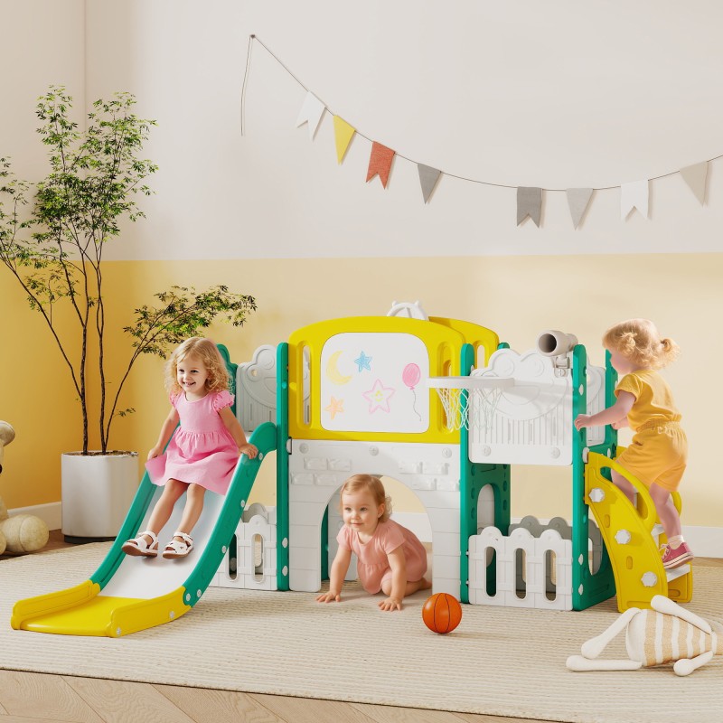 Σετ 7 σε 1 νήπιο σετ τσουλήθρας Μπάσκετ Σχέδιο Βάτραχος Πλαίσιο αναρρίχησης Κούνια Κάθισμα Εσωτερικός Εξωτερικός χώρος Κίτρινο+Πράσινο