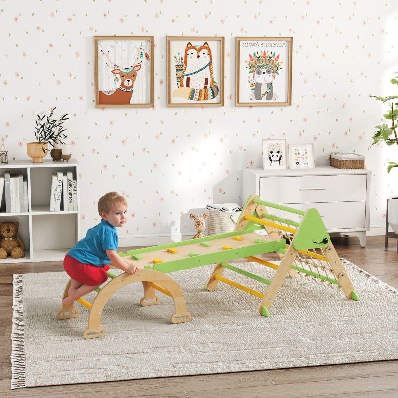 8 σε 1 Montessori Climbing Frame Indoor Ξύλινο Τρίγωνο Αναρρίχησης με Αψίδα Αναρρίχησης, τσουλήθρα διπλής όψης, πράσινο