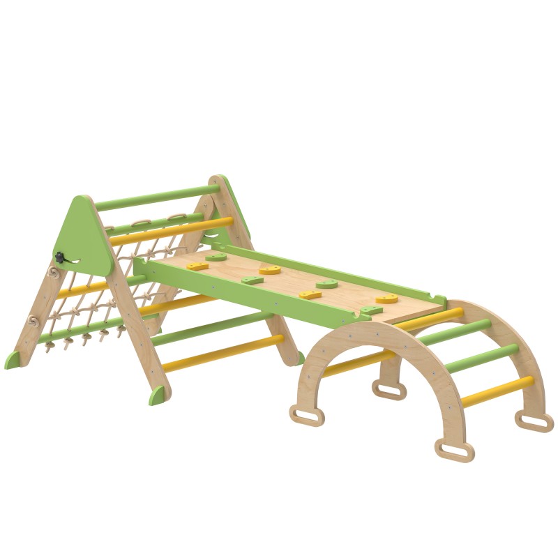 8 σε 1 Montessori Climbing Frame Indoor Ξύλινο Τρίγωνο Αναρρίχησης με Αψίδα Αναρρίχησης, τσουλήθρα διπλής όψης, πράσινο
