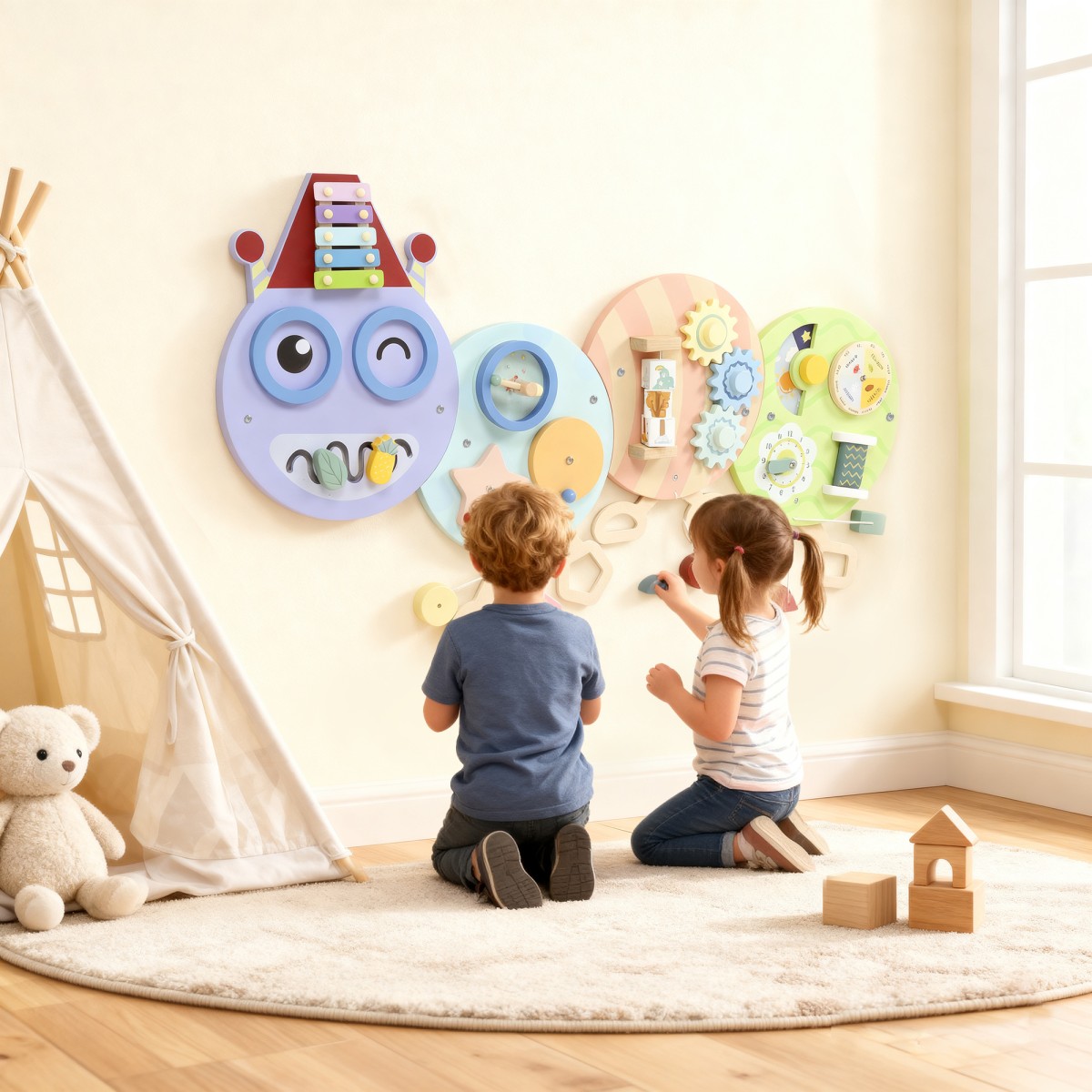 7 σε 1 Παιχνίδι τοίχου Xylophone Gears Caterpillar Design MDF 108cm Πολύχρωμο