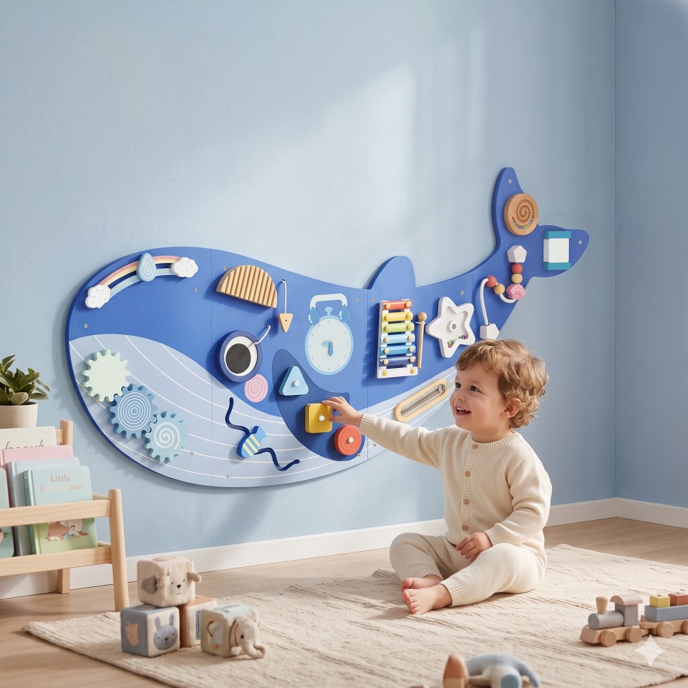 Montessori Motor Skills Board 13-σε-1 Ξύλινη σανίδα απασχολημένης σε σχήμα φάλαινας Επιτοίχιος πίνακας δραστηριοτήτων με ρολόι ξυλόφωνου