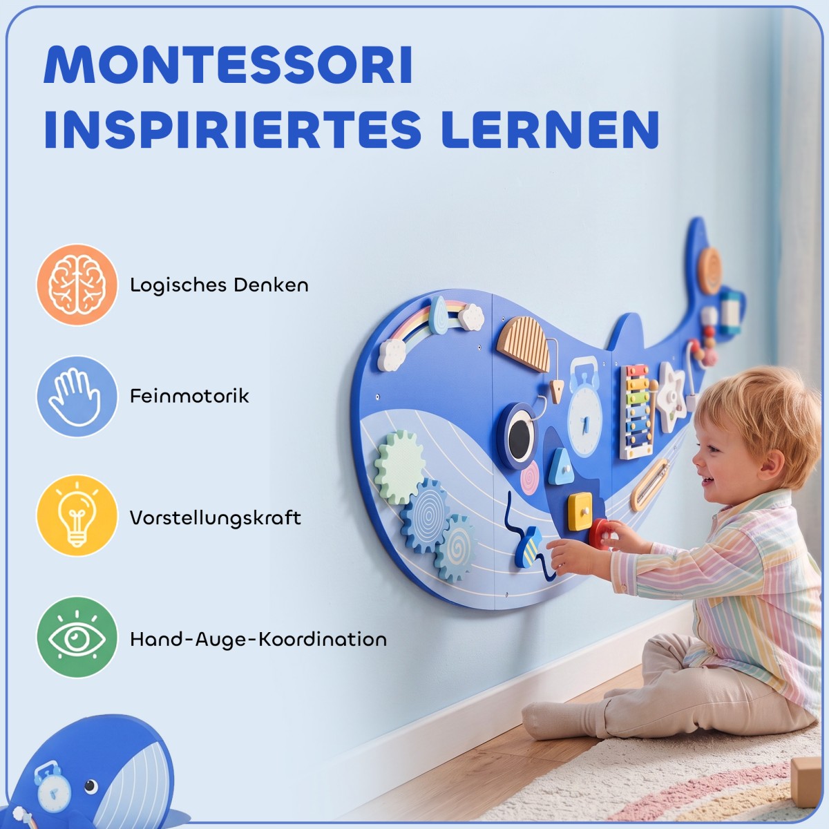 Montessori Motor Skills Board 13-σε-1 Ξύλινη σανίδα απασχολημένης σε σχήμα φάλαινας Επιτοίχιος πίνακας δραστηριοτήτων με ρολόι ξυλόφωνου