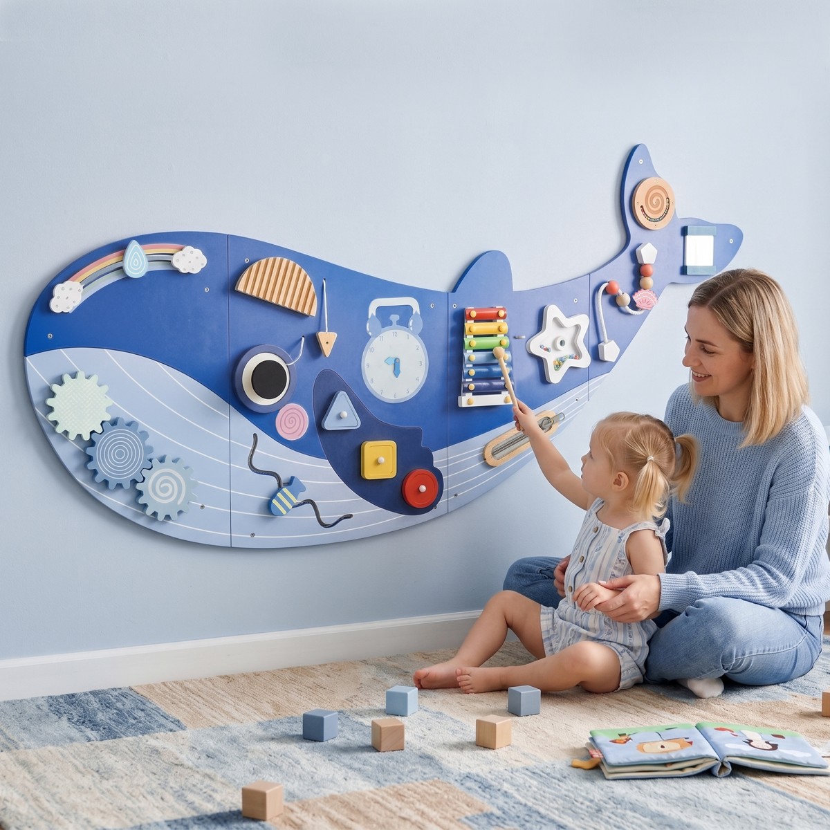 Montessori Motor Skills Board 13-σε-1 Ξύλινη σανίδα απασχολημένης σε σχήμα φάλαινας Επιτοίχιος πίνακας δραστηριοτήτων με ρολόι ξυλόφωνου