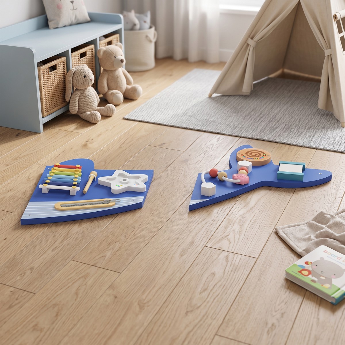 Montessori Motor Skills Board 13-σε-1 Ξύλινη σανίδα απασχολημένης σε σχήμα φάλαινας Επιτοίχιος πίνακας δραστηριοτήτων με ρολόι ξυλόφωνου