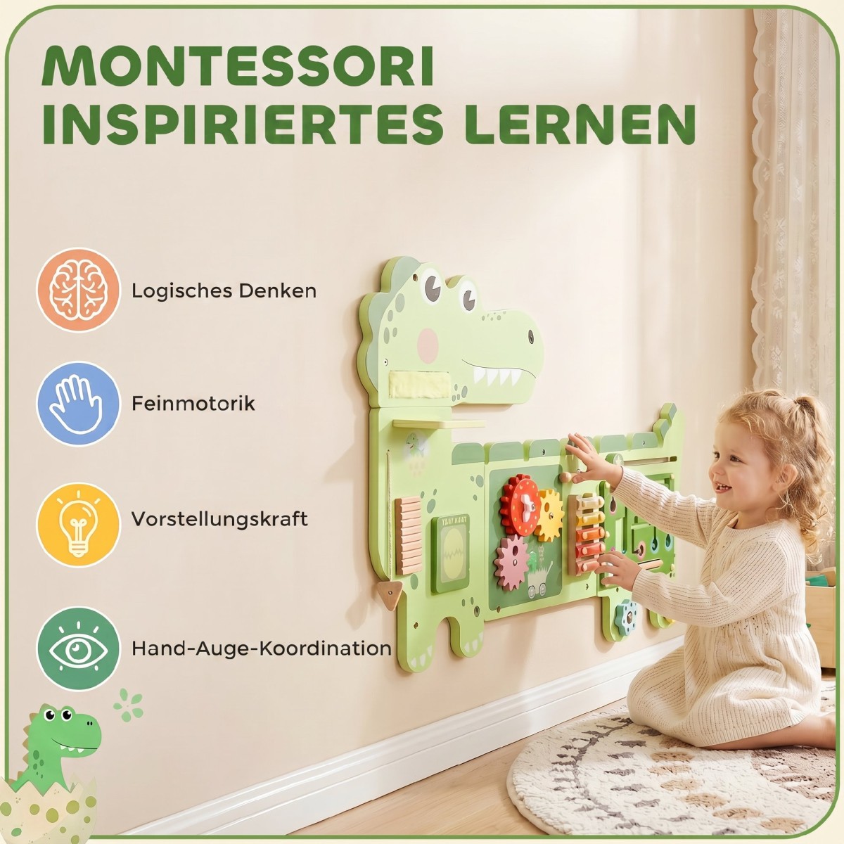 Montessori Motor Skills Board Ξύλινη σανίδα απασχολημένης σανίδας δεινόσαυρος σε τοίχο με ξυλόφωνο Clock Gears Sound Sticks